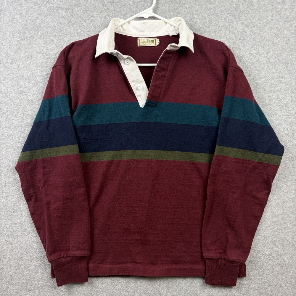 Vintage LL Bean Rugby Shirt Mens Medium Red Striped Colorblock Polo 90s USA
